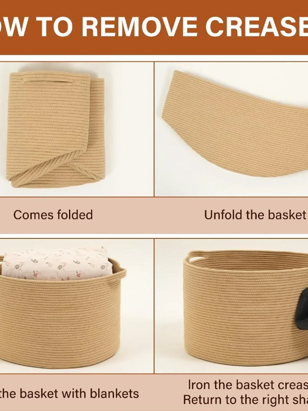 New Foldable Laundry Hamper Basket with Collapsible Handle Cotton Rope Soft Wov